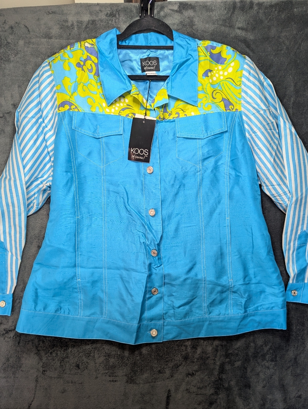 Koos of Course Turquoise Button-Up Shirt with Yellow Floral Yoke